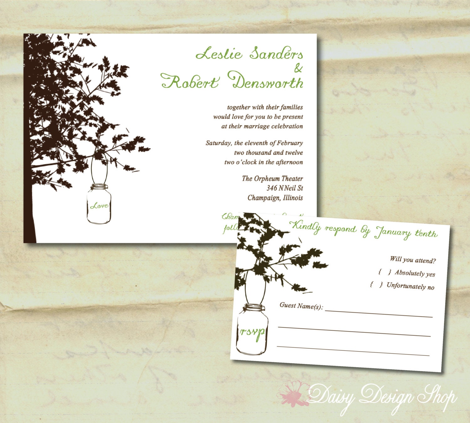 Wedding Invitation - Mason Jar Hanging from a Tree Silhouette - Rustic Chic - Invitation and RSVP Card with Envelopes