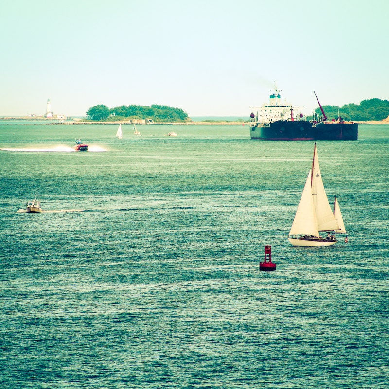 BOSTON HARBOR MASSACHUSETTS Photograph Blue Green color Cottage Decor Massachusetts Print Travel Photography Boston Harbor Art