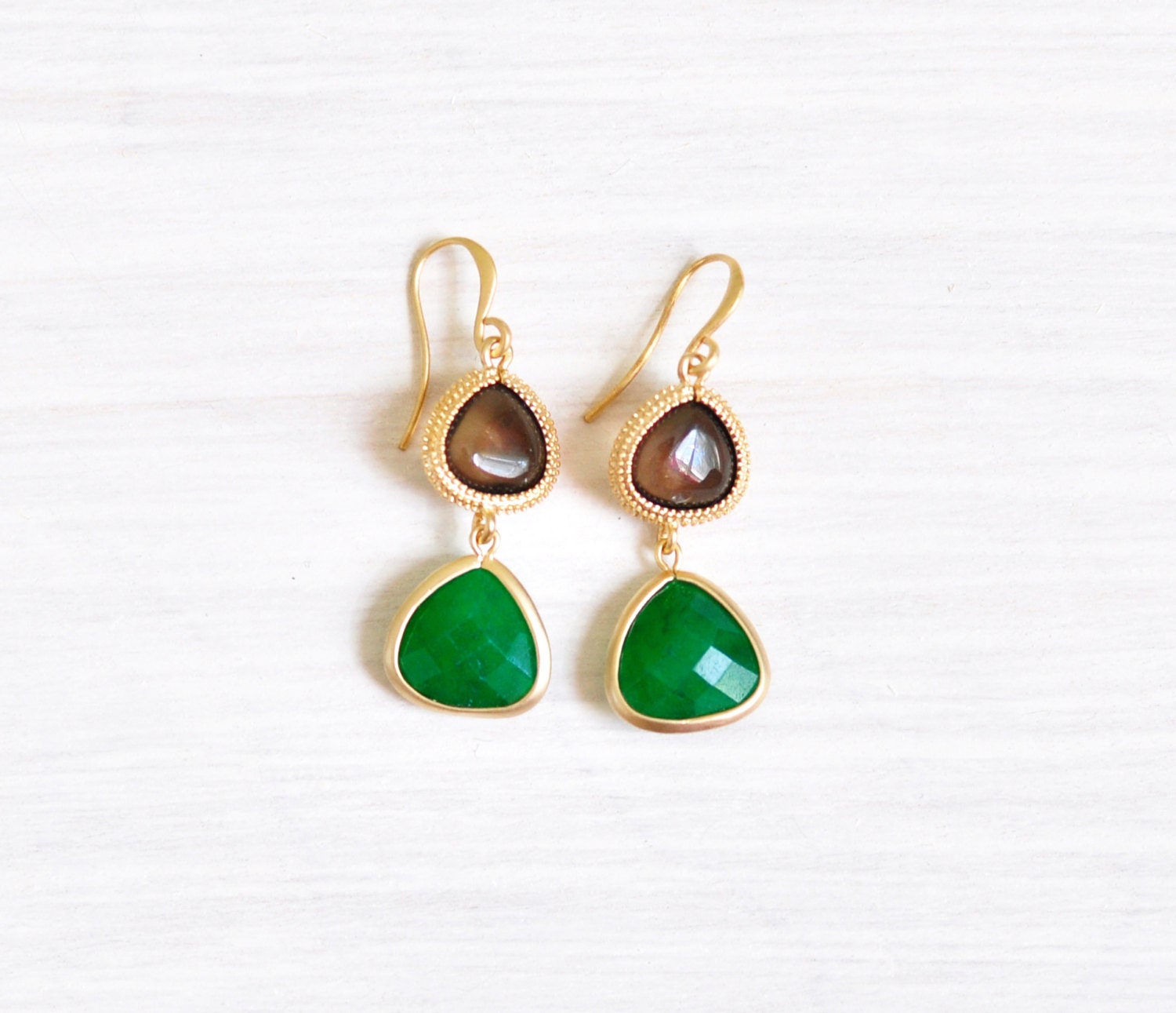 Light Drops Matte Gold Plated Earrings - Green Stone and Smoky Quartz, Bridesmaid, Wedding Jewelry