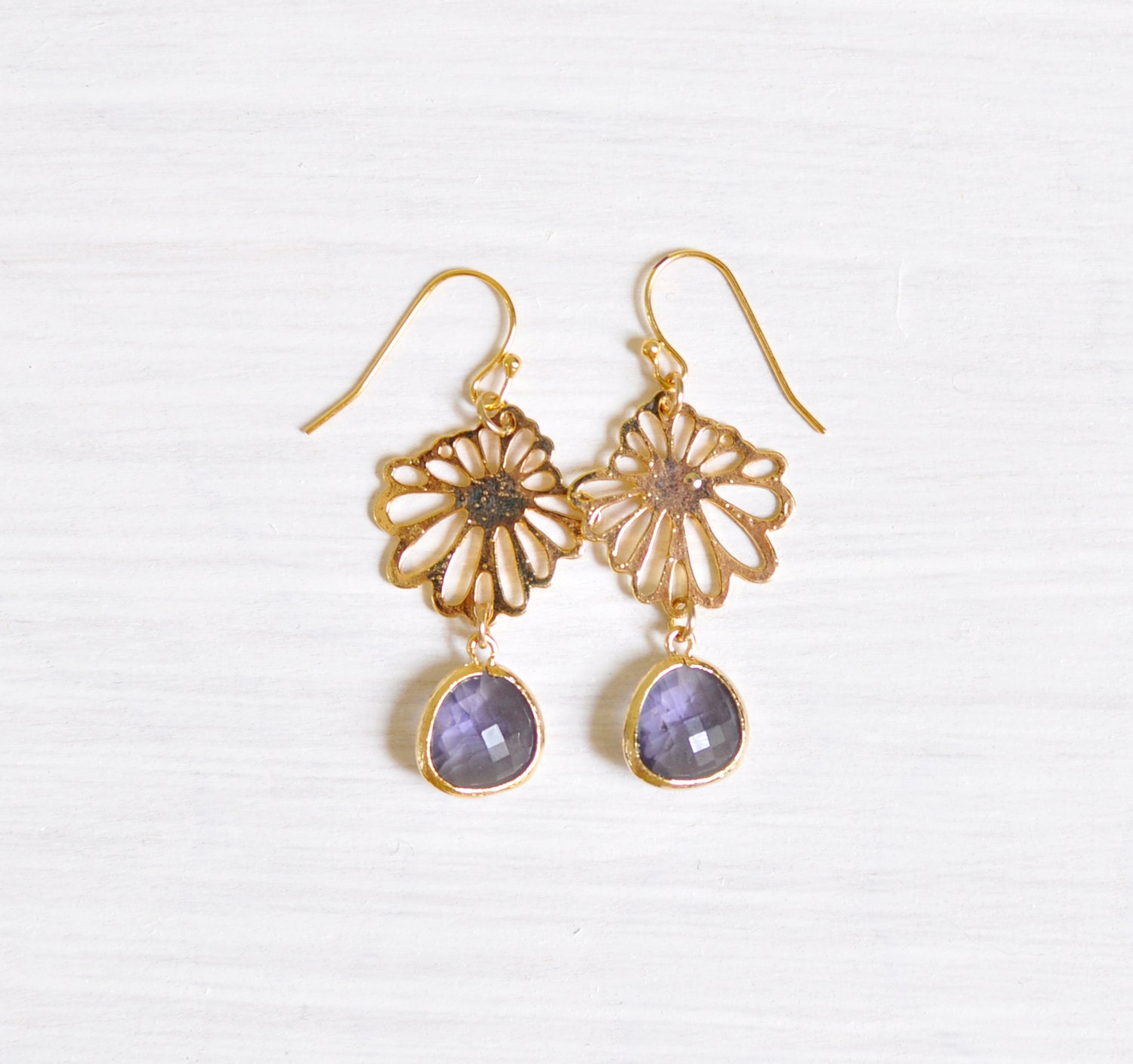 Light Drops Gold Plated Earrings - Lavender Crystal and Gold plated retro component, Bridesmaid, Wedding Jewelry