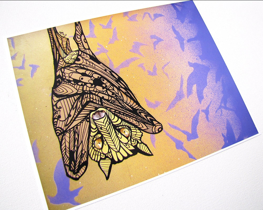 Bat Art Print -Zentangle - Archival - 8 x 10 - Wall Art - Orange - Purple - Acrylic - MayhemHere
