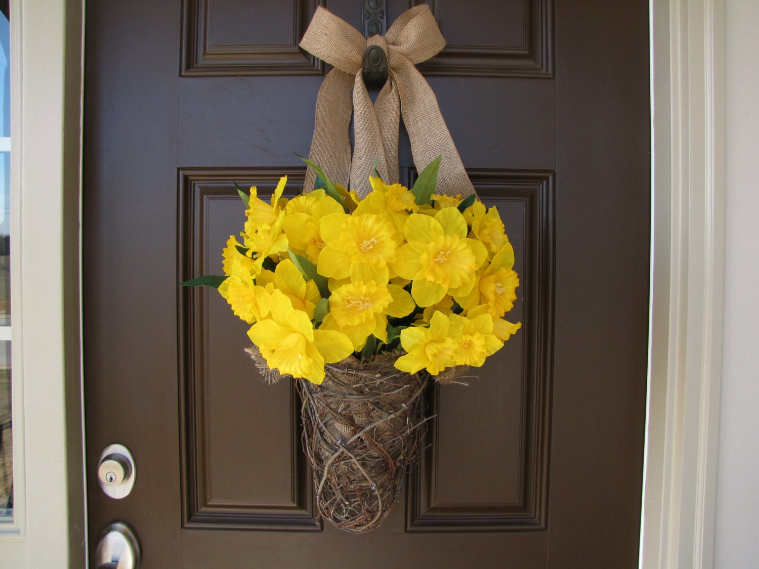 Yellow Daffodil Bouquet in Twiggy Basket with Burlap Bow, Spring Time Wreath, Twig Basket with Burlap