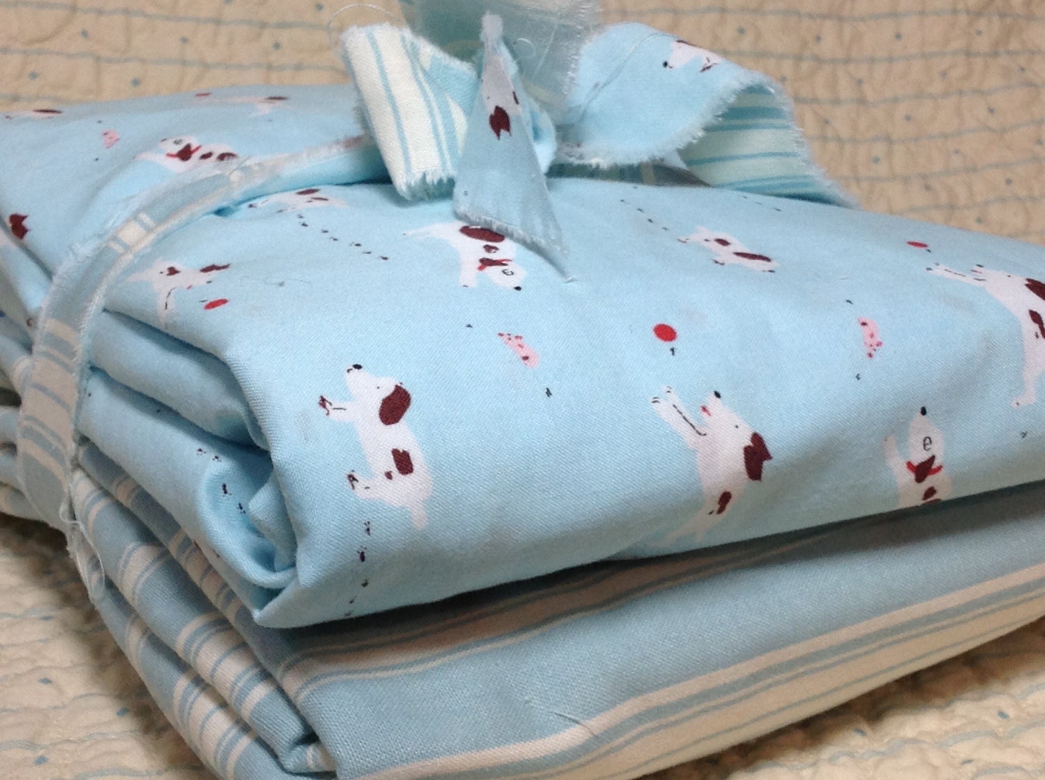 TWO Fitted Crib Sheets in French Ticking Blue and Moda Puppies for Baby PRESHRUNK