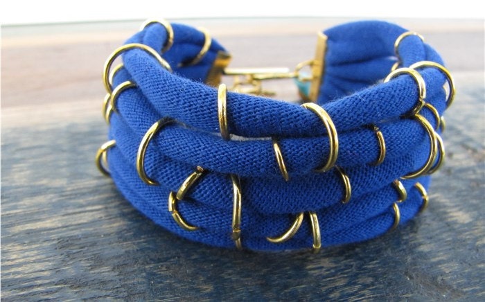 Royal Blue Upcycled Cotton Jersey Bracelets with Gold Rings and Stone Charms