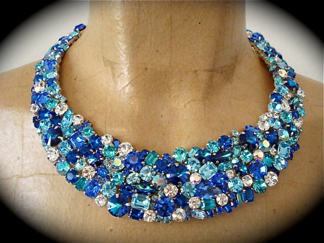 Caribbean Blue Swarovski statement Necklace - Blue crystal bib necklace, blue rhinestone necklace,  blue bridal necklace