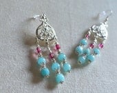Aquamarine and Tourmaline Chandalier Earrings - Genuine silver Pink Tourmaline Milky Aquamarine Gemstone Dangles Dangling filigree floral