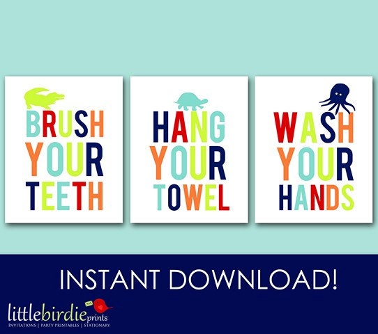 BATHROOM WALL ART Kids Boy - Wash your hands - Brush your teeth - Hang your towel - Instant download Printable - Alligator Turtle Octopus