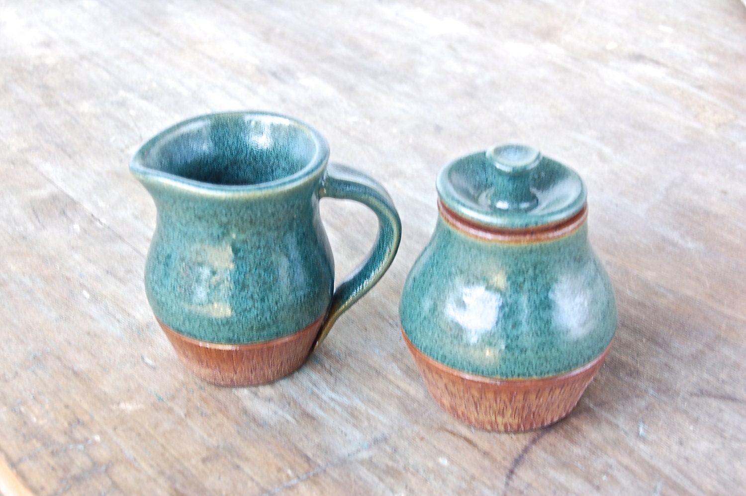 Stoneware Cream and Sugar Set, handmade pottery ceramic keramik kitchen housewares dining serving tea coffee set in blue-green and brown