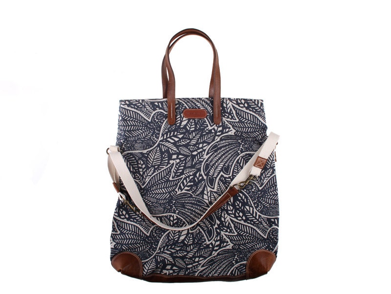 Workhorse bag in dark navy 'jungle fowl' print fabric with leather handles and base