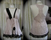 Bohemian Gypsy Top, womens romantic boho gypsy vest, tan with black lace trim, SMALL MEDIUM