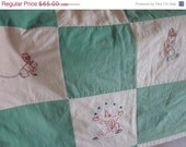 20% OFF SALE Child's Quilt  Handmade, Crib Quilt, Mid Century, Vintage, Green and Yellow Squares