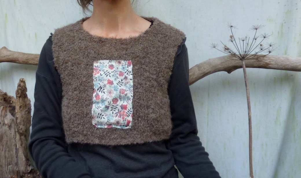 Fawn and Flowers Bodice, hand knitted crop bodice in gray-brown wool and alpaca with Liberty of London floral panel READY TO SHIP