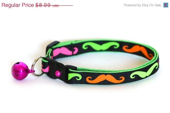 ON SALE Safety Cat Collar - Neon Mustaches- Large Cat Collar