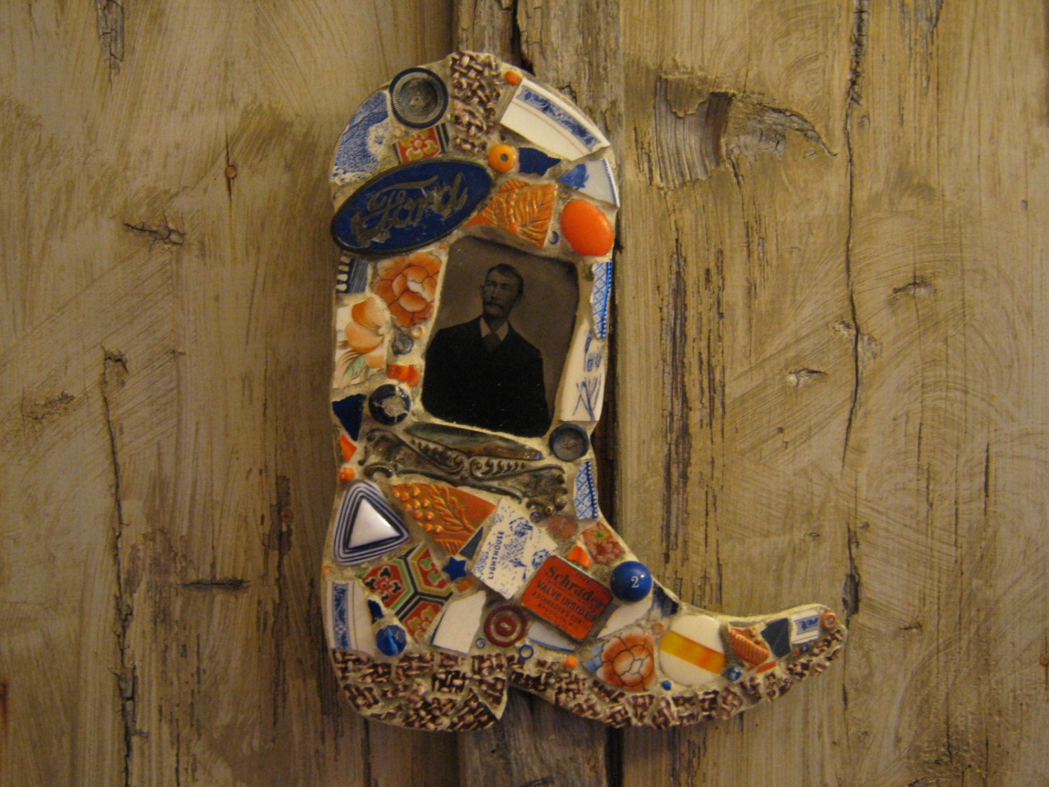 Mosaic Cowboy Boot with Tintype and FORD Placard in Blue and Orange Mosaic Art