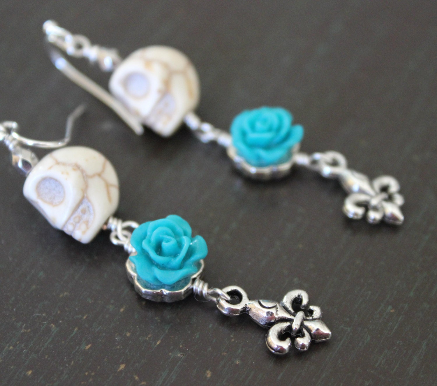 Sugar Skull and Rose Earrings Skull Earrings Fleur Di Lis Earrings
