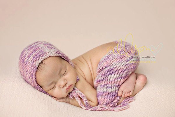 NEWBORN knitted bonnet and pants set - photography prop - violet, purple, lilac, pink, cream, light gray