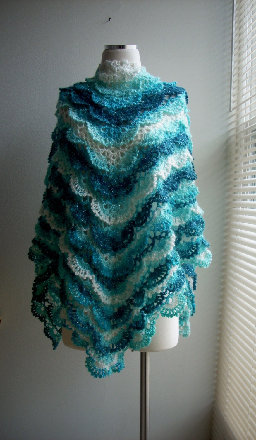 crochet scarf shawl angora turquoise petroleum green white hand made shawl gift for mom girl friend