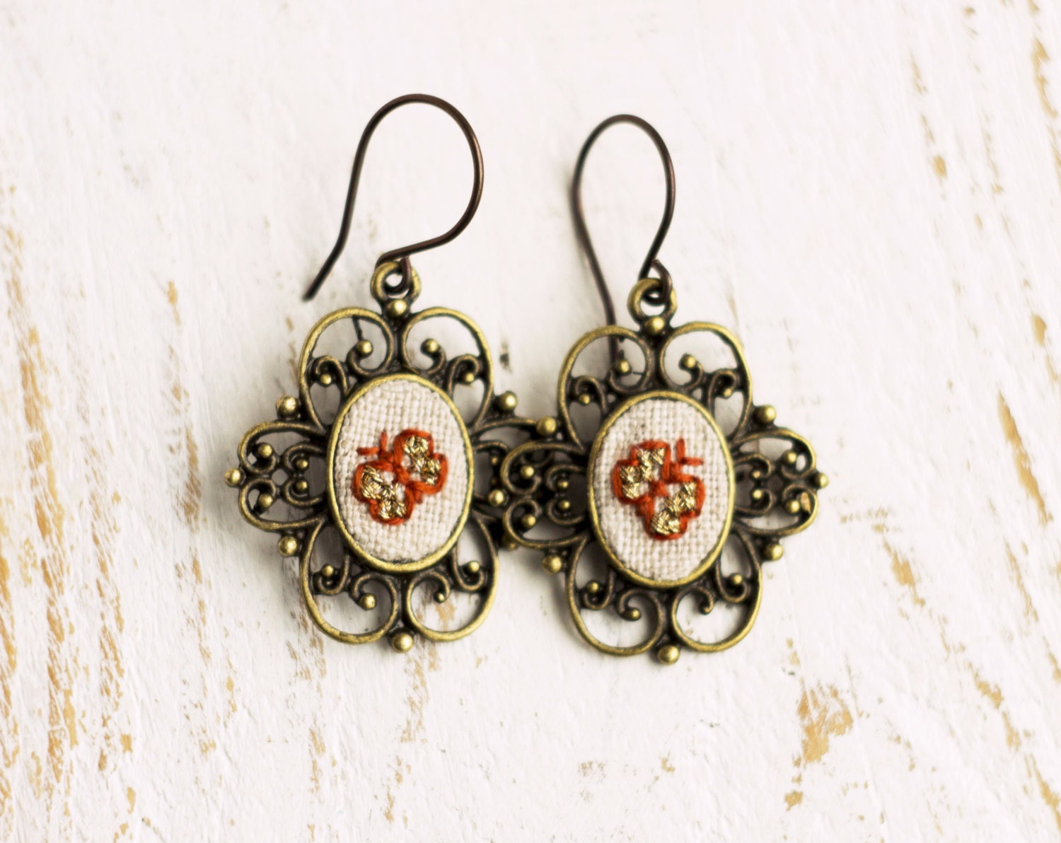 Butterfly earrings - vintage style earrings - embroidered butterflies - golden butterfly - e007