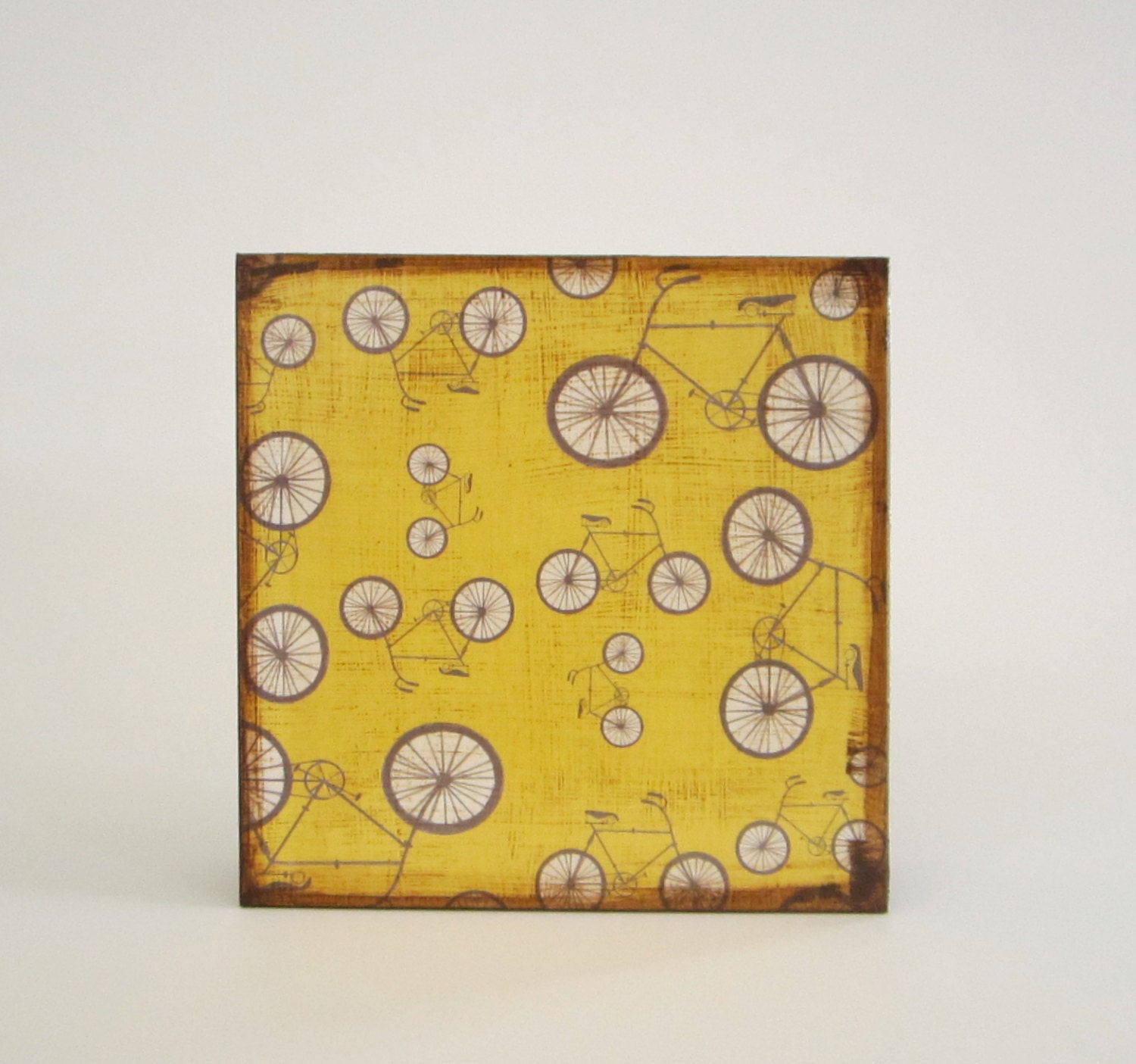 Wall Decor l Art Block l Bicycle Yellow 5x5 wood block gray bike hipster summer wheels redtilestudio