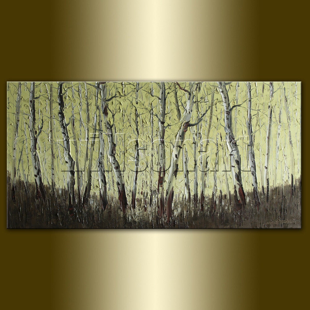 Birch Tree Forest Landscape Painting Oil on Canvas Textured Palette Knife Contemporary Original Modern Art 18X36 by Willson Lau