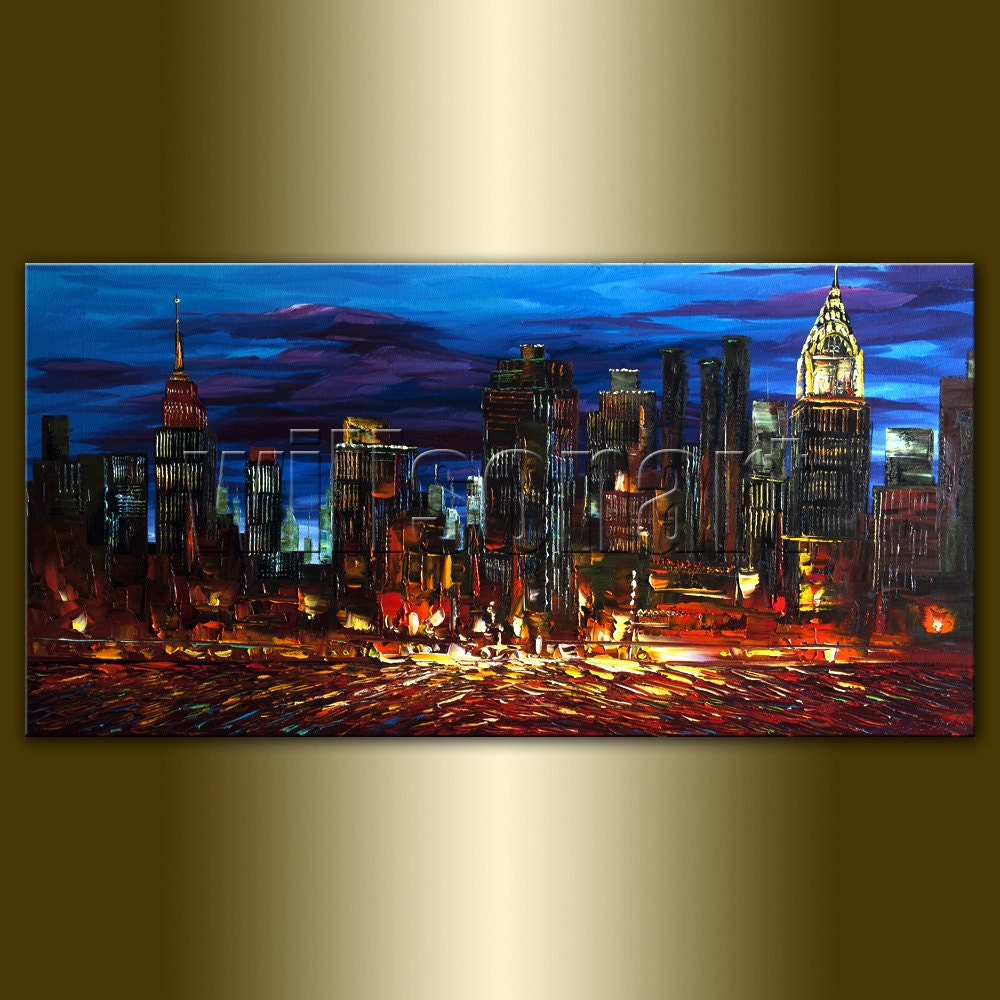 City Skylines Cityscape Canvas Oil Painting Modern City Palette Knife Textured Abstract Original Art 20X40 by Willson Lau