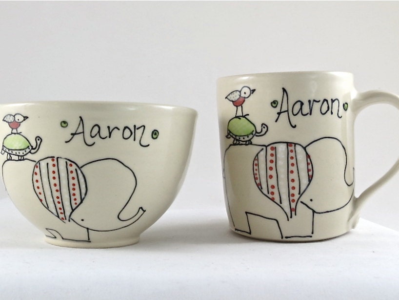 Personalized Baby Gift - Mug and Bowl Set - Pile O' Animals Illustration - Elephant / Turtle / Bird
