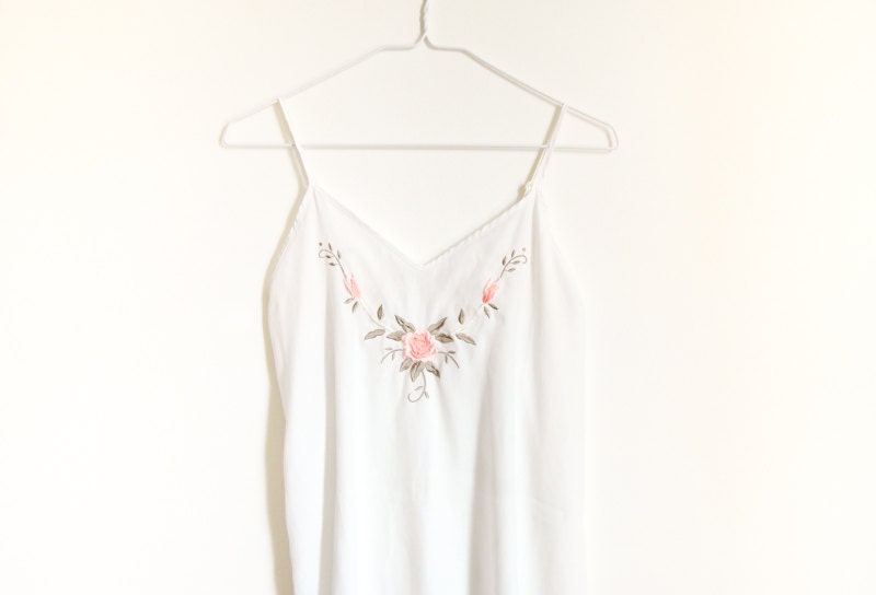 Vintage White Silky Slip Dress with Blush Pink Flower Embroidery