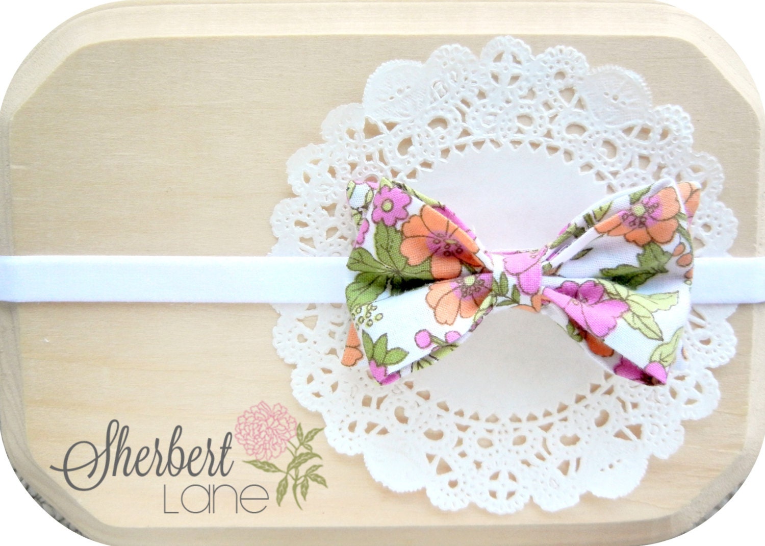 Baby Fabric Bow Headband - Vintage Floral Fabric Bow - White Velvet Elastic