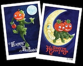 Set of 2 Vintage-inspired Jack-o-Lantern Pumpkin Halloween cards