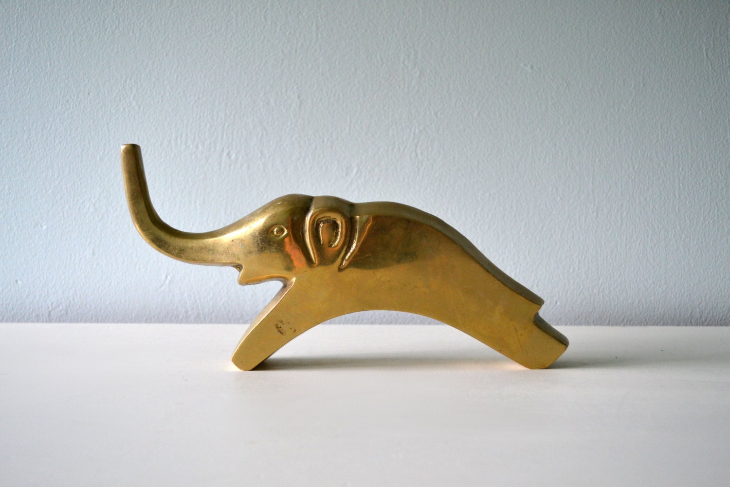 Vintage Elephant Figurine, Large Heavy Brass Mid Century Statue, Gold Tone Bookend, Shelf Sitter, Zoo Animal, Jungle