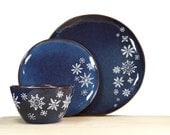 Hand Painted Snowflake Blue Rustic Collection Indigo Stoneware Plates Bowl Winter Kitchen Decor