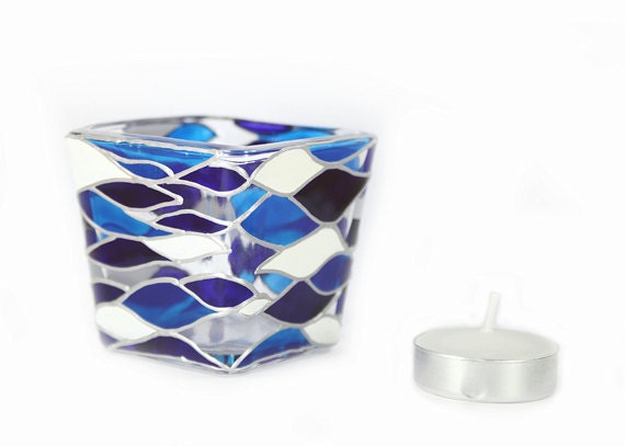 Hand Painted Glass  Candle Holder Tea light   mini candle holder  White  cobalt  blue waves  contemporary abstract design