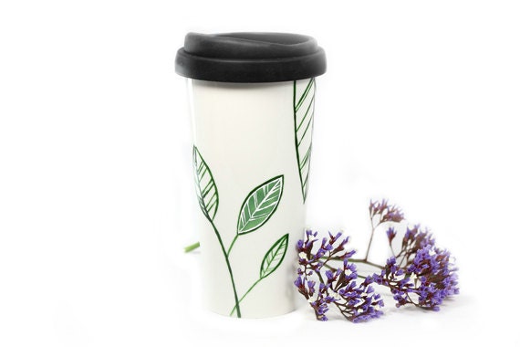 Ceramic Coffee Mug with silicone black lid -  Green & White Leaves Botanical Minimalist Modern Eco Friendly Decorative Unique Art