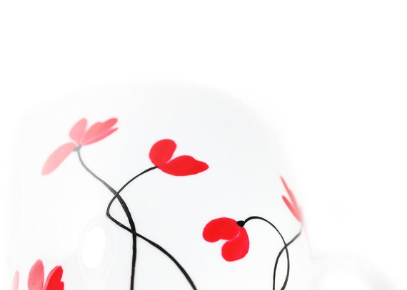 Hand Painted Ceramic Cup With Flowers Tea Mug Minimalism white red poppies flower botanical garden spring design