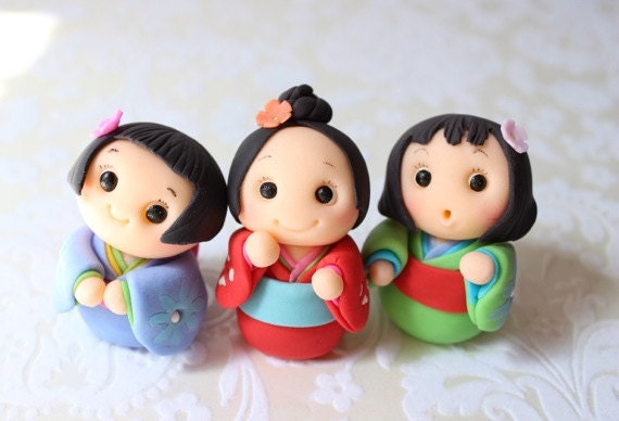 Kokeshi Dolls Cupcake Toppers (6 Kokeshi Dolls, 1 Birthday Message Plate) Il_570xn