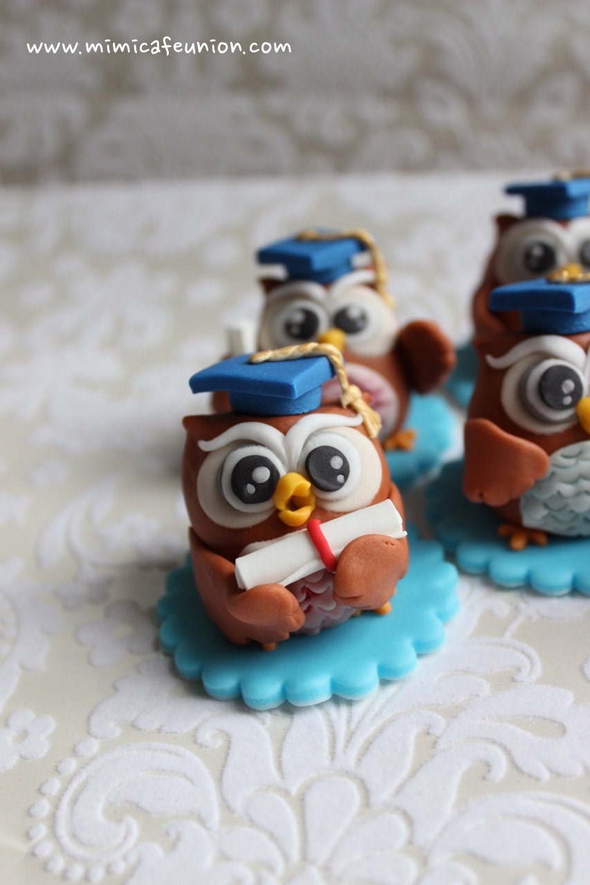 Owl Graduation Theme Cupcake Toppers ( 6 Owls, 1 Message Plate)