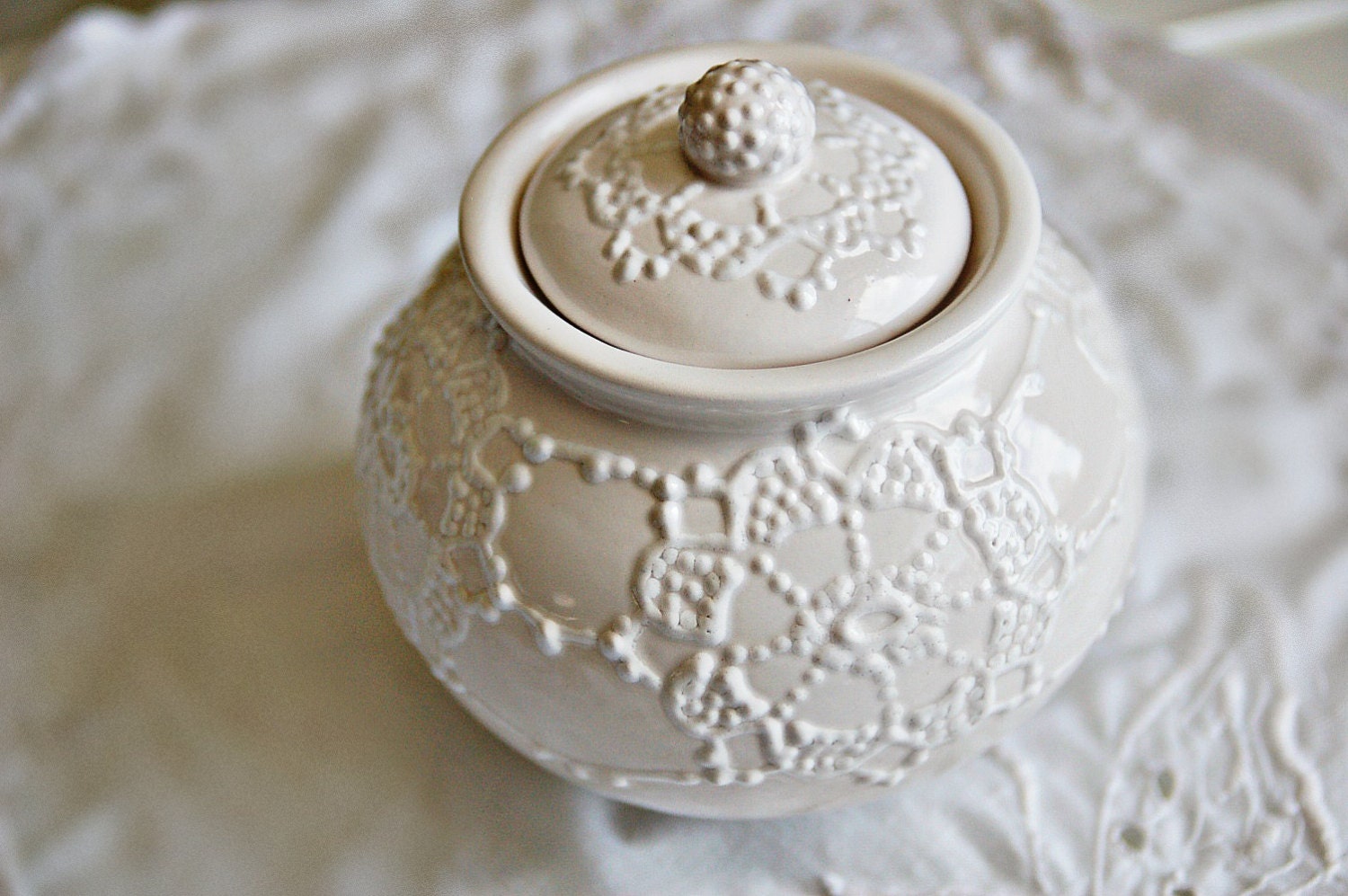 Cream white lace sugar bowl