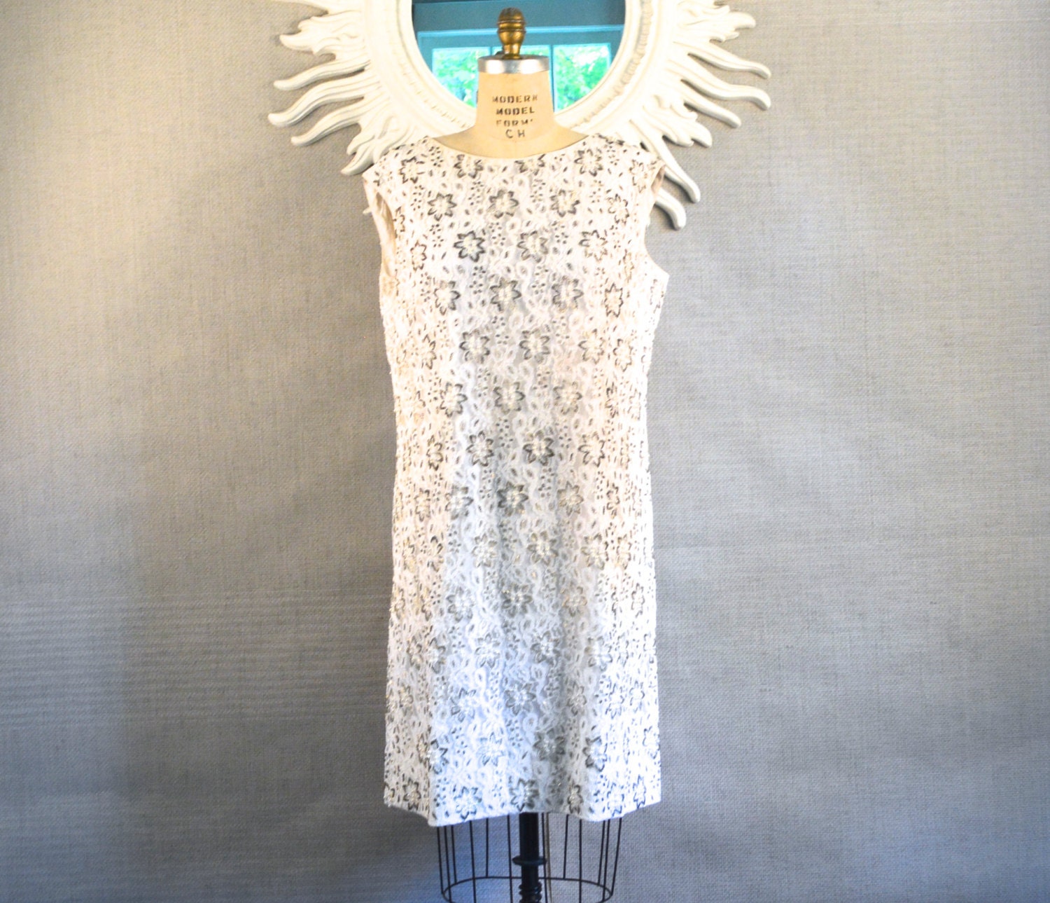 60s Beaded Dress/White Lace shift dress/ Mid Century/ Rare larger size