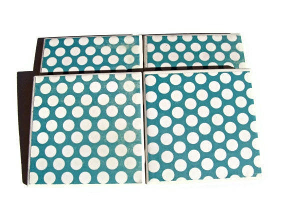 Turquoise White Polka Dot Handmade Tile Coasters Set of 4 Drink Coasters Beverage Coasters Modern Pattern