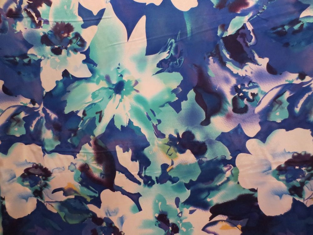 Aqua and Royal Large Floral Print Polyester Charmeuse Fabric--One Yard