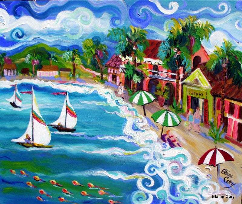 Caribbean Vacation Ocean Landscape Painting 24 x 30 Original Art by Elaine Cory