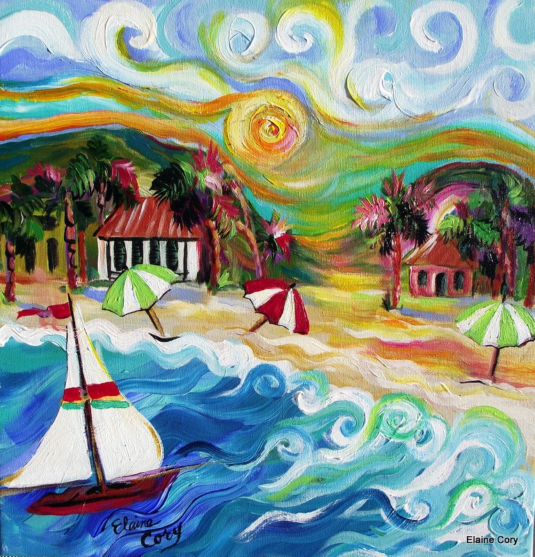Sun Fun Sailboat Landscape painting 18 x 18 Original art by Elaine Cory