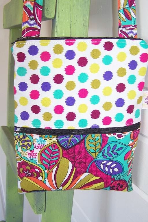 Small Hip Sling Crossbody Shoulder Messenger Bag -- Wild Flowers in Gem Tones w/Dots - Adjustable Strap and Exterior Pocket