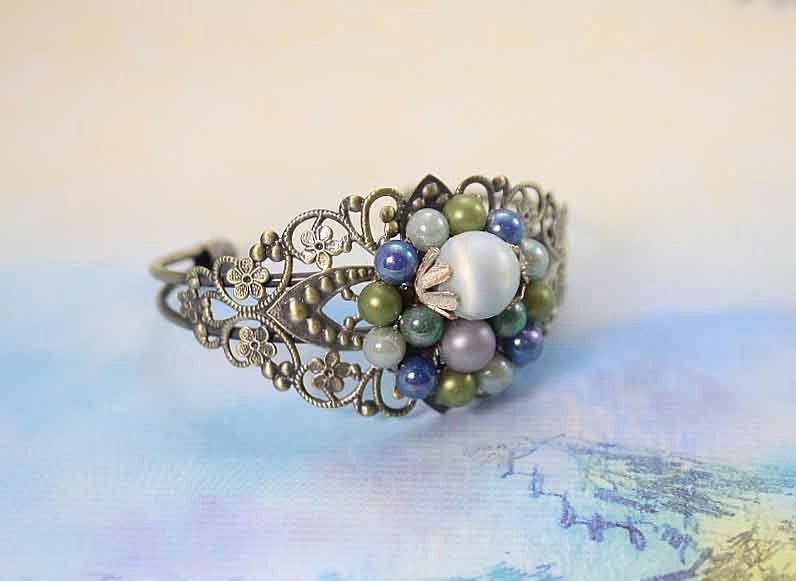 Vintage earring cuff bracelet . Recycled jewelry. Marine style stones. One of a kind. Free international shipping