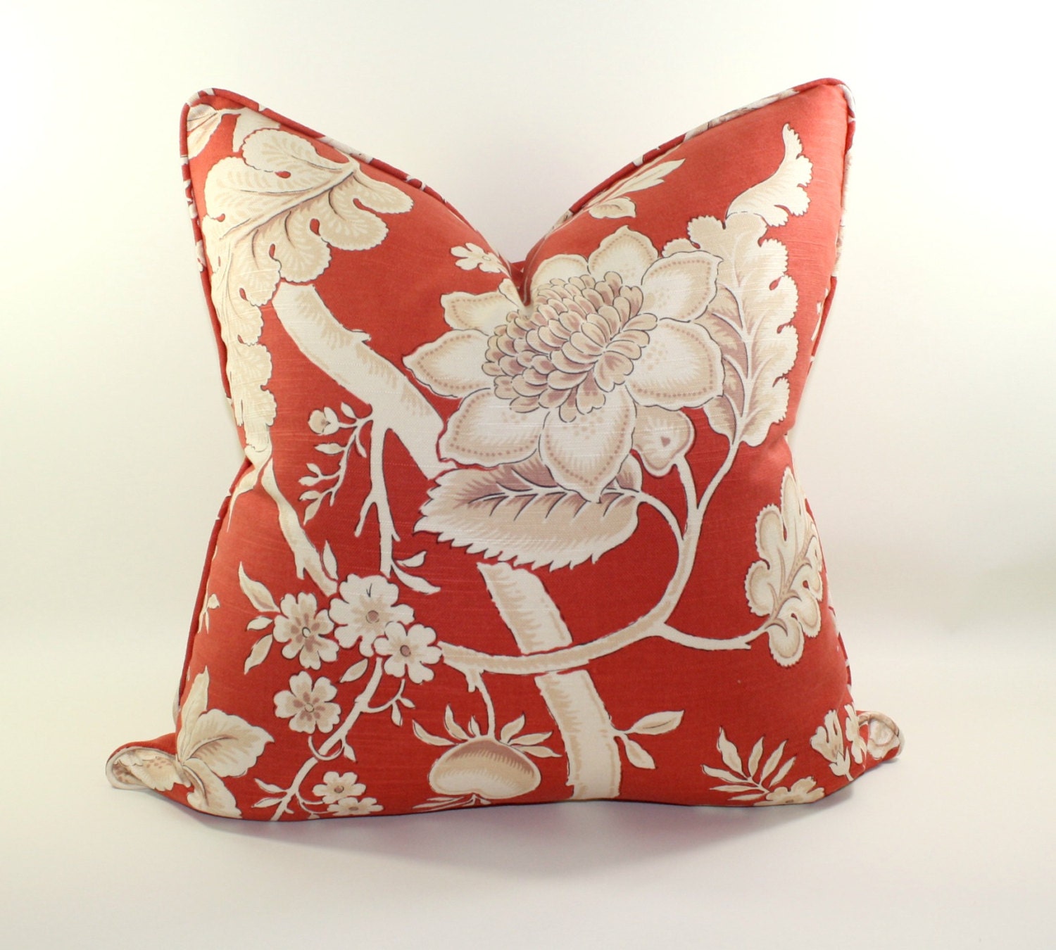 Jay Yang Bengal Linen Floral Coral Designer Pillow Cover, Decorative Pillow Cover, Toss Pillow, Cushion