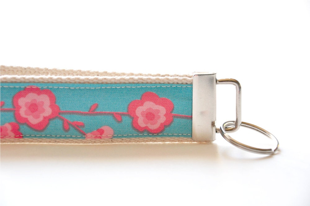 Key fob Key chain fabric wristlet - Turquoise and Pink Flower Valori Wells
