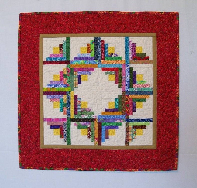 Miniature Scrappy Log Cabin Patchwork Quilt Table Topper Wall Hanging