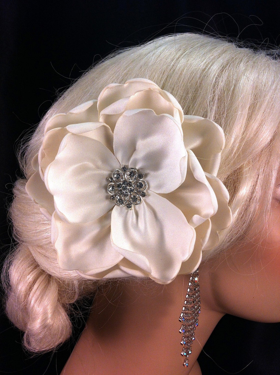 My Wedding Day Ivory Rose - Handmade Ivory or Champagne Bridal Flower Fascinator with Elegant Rhinestone Center, Hair