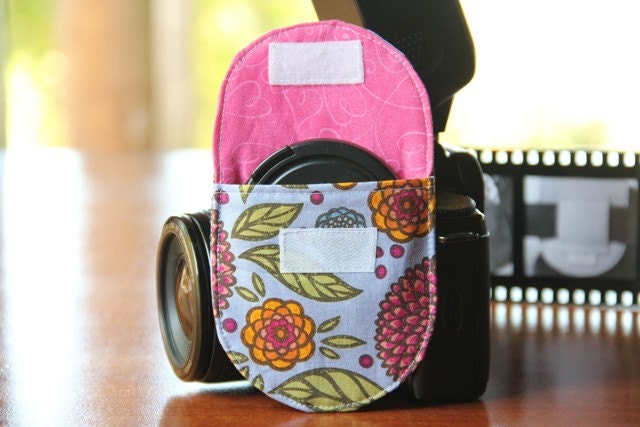 Camera Lens Cap Holder -  holds up to 84mm - Pink and Blue Flowers - Ready to Ship