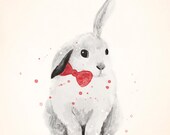 Rabbit Print - 8x10 Art Print of Bunny Rabbit with Red Bowtie, Ink and Watercolour Illustration